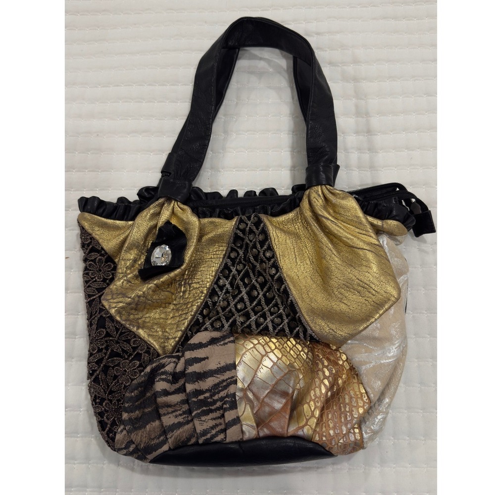 Renato Angi Venezia Italian Leather Patchwork Shoulder Bag‎ Gold Black Metallic